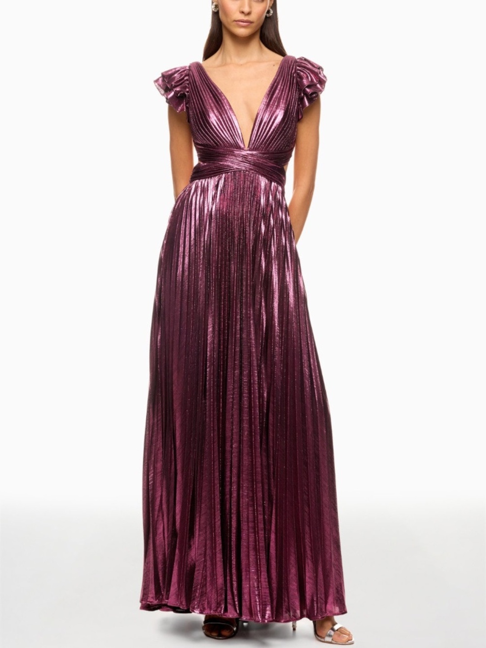 Ieena for Mac Duggal Ruffle Sleeve Metallic Gown Pink Purple Cut Out - Size 4